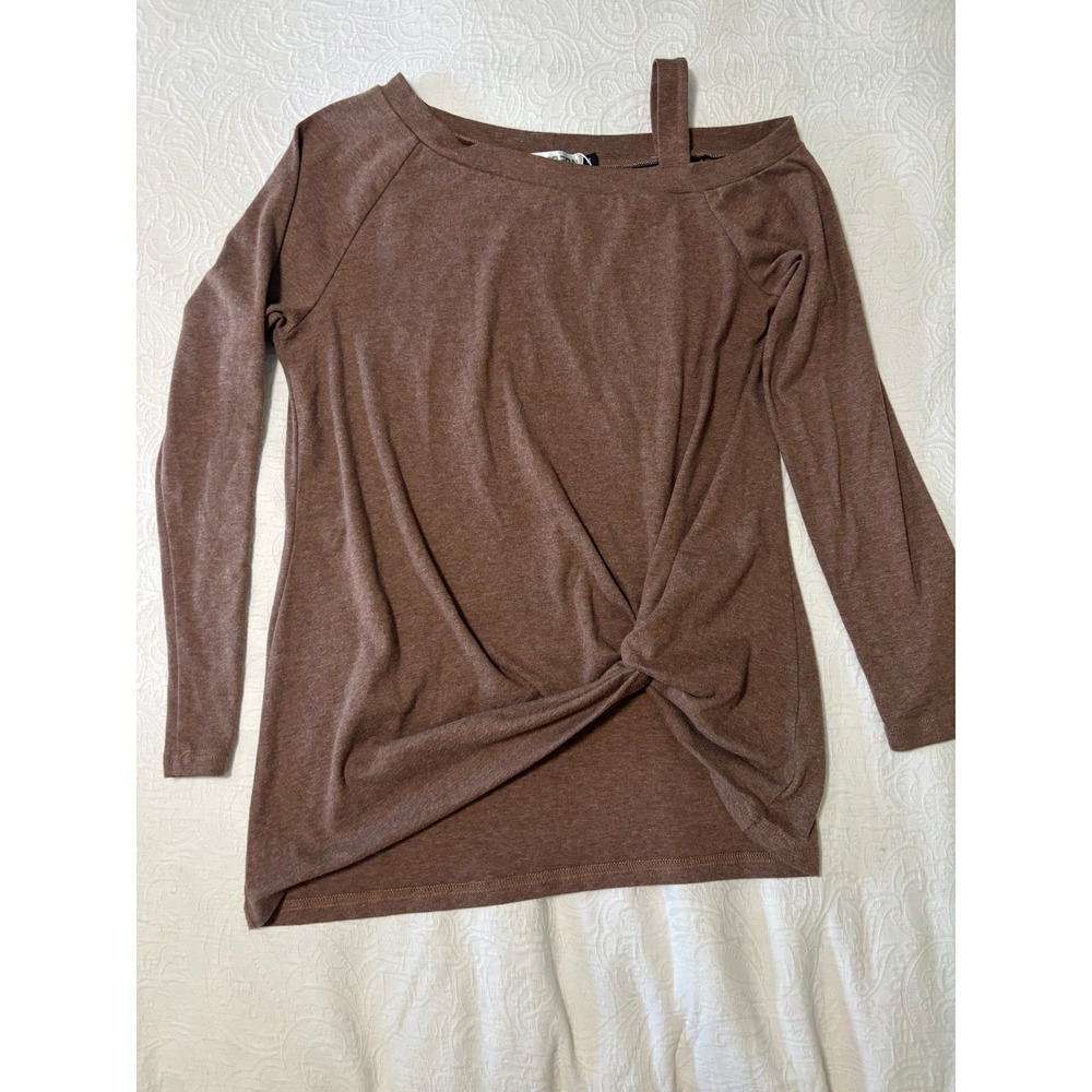 Temofon Brown Cold Shoulder Twist Knot Long Sleeve Top Medium